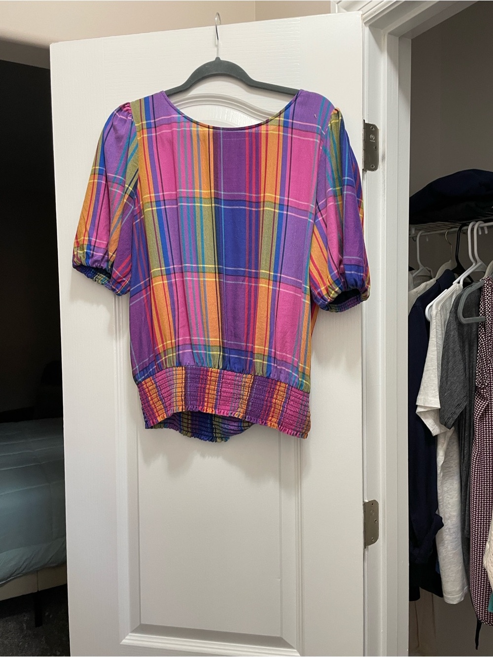 Ann Taylor Multicolor Plaid Puff-Sleeve Blouse - Purple/Pink/Orange